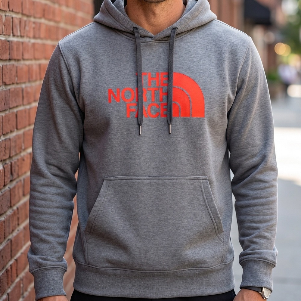 The North Face Mens Charcoal Grey Orange Logo Pullover Hoodie Sweatshirt 5475
